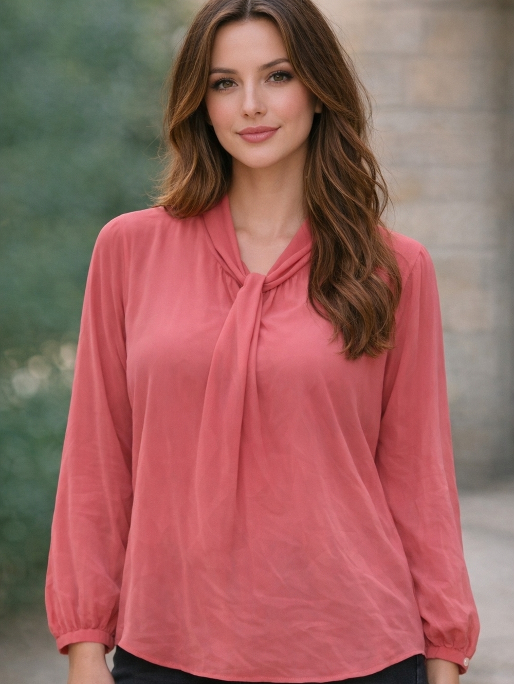 Loft Coral Chiffon Tie Front Long Sleeve Blouse Size Small